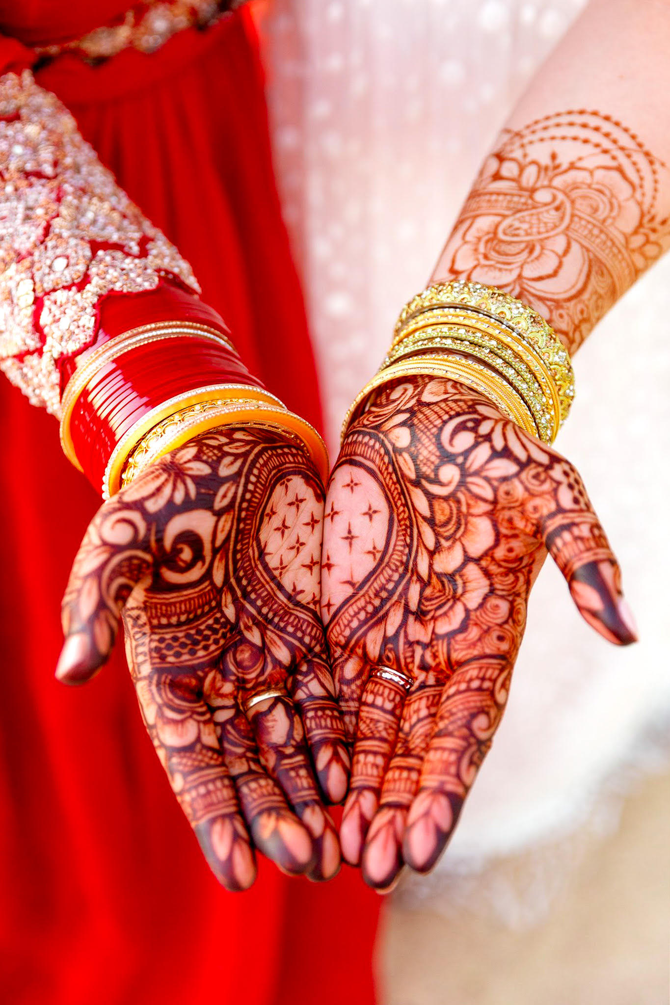 Two hands of a bride covered in henna.