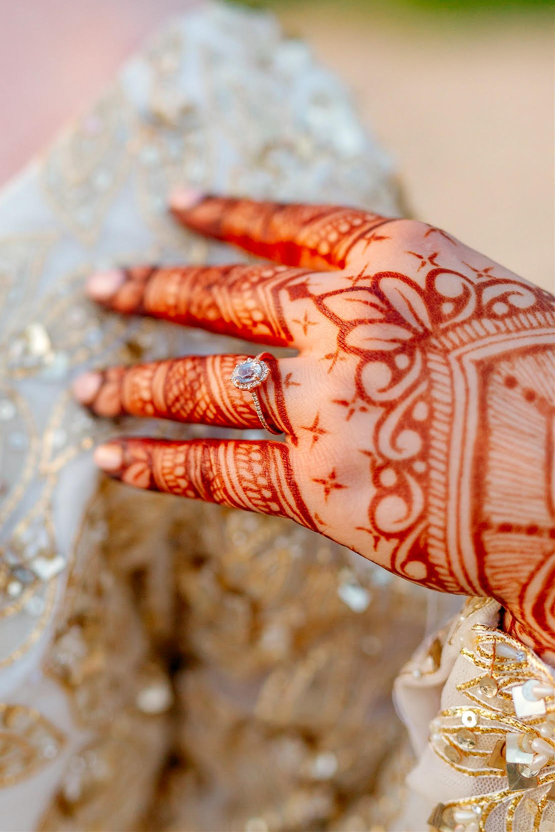 Closeup of a hand donned in henna.
